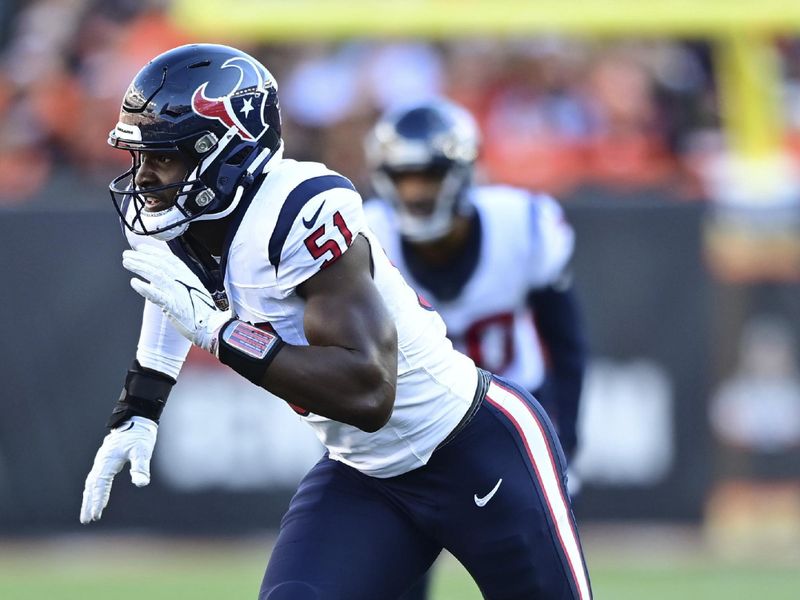 Houston Texans defensive end Will Anderson Jr. (51) runs for the play during an NFL football game against the Cincinnati Bengals on Sunday, Nov. 12, 2023, in Cincinnati. (AP Photo/Emilee Chinn)