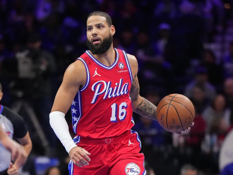 PHILADELPHIA, PA - NOVEMBER 22: Caleb Martin #16 of the Philadelphia 76ers dribbles the ball during the game against the Brooklyn Nets during the Emirates NBA Cup game on November 22, 2024 at the Wells Fargo Center in Philadelphia, Pennsylvania NOTE TO USER: User expressly acknowledges and agrees that, by downloading and/or using this Photograph, user is consenting to the terms and conditions of the Getty Images License Agreement. Mandatory Copyright Notice: Copyright 2024 NBAE (Photo by Jesse D. Garrabrant/NBAE via Getty Images)