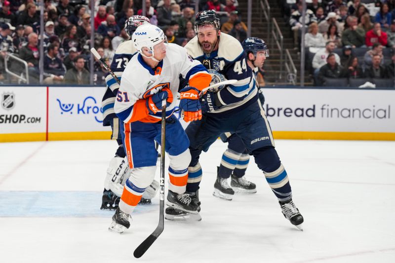 Feb 28, 2026; Columbus, Ohio, USA;  Columbus Blue Jackets defenseman Erik Gudbranson (44) reacts as New York Islanders left wing Emil Heineman (51) steps on his skate in the first period at Nationwide Arena. Mandatory Credit: Aaron Doster-Imagn Images