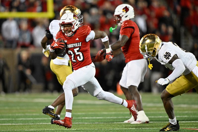 Oct 7, 2023; Louisville, Kentucky, USA;  Louisville Cardinals running back Jawhar Jordan (25) runs the ball against the Notre Dame Fighting Irish during the second half at L&N Federal Credit Union Stadium. Louisville defeated Notre Dame 33-20. Mandatory Credit: Jamie Rhodes-USA TODAY Sports