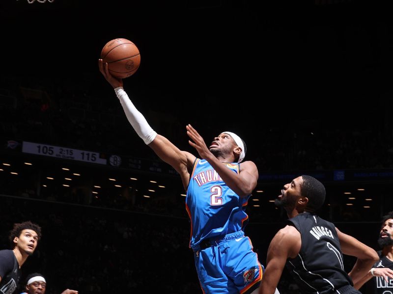 BROOKLYN, NY - JANUARY 5: Shai Gilgeous-Alexander #2 of the Oklahoma City Thunder goes to the basket during the game on January 5, 2024 at Barclays Center in Brooklyn, New York. NOTE TO USER: User expressly acknowledges and agrees that, by downloading and or using this Photograph, user is consenting to the terms and conditions of the Getty Images License Agreement. Mandatory Copyright Notice: Copyright 2024 NBAE (Photo by Nathaniel S. Butler/NBAE via Getty Images)