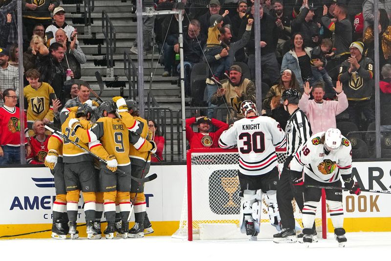 Dec 2, 2025; Las Vegas, Nevada, USA; Vegas Golden Knights right wing Braeden Bowman (42) celebrates with team mates after scoring a goal against the Chicago Blackhawks during the third period at T-Mobile Arena. Mandatory Credit: Stephen R. Sylvanie-Imagn Images