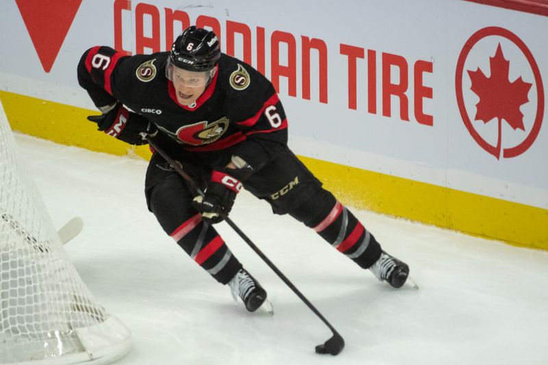 Nov 9, 2023; Ottawa, Ontario, CAN; Ottawa Senators defenseman Jakob Chychrun (6) skates with puck in the third period against Vancouver Canucks at the Canadian Tire Centre. Mandatory Credit: Marc DesRosiers-USA TODAY Sports