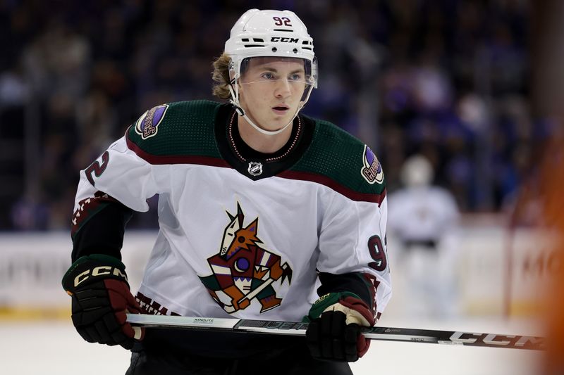 Oct 16, 2023; New York, New York, USA; Arizona Coyotes center Logan Cooley (92) during the first period against the New York Rangers at Madison Square Garden. Mandatory Credit: Brad Penner-USA TODAY Sports