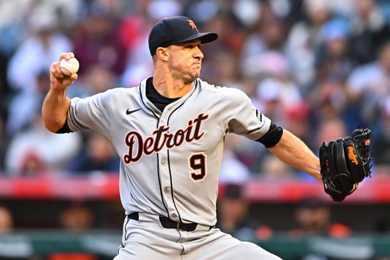 May 3, 2025; Anaheim, California, USA; Detroit Tigers starting pitcher Jack Flaherty (9) throws a pitch against the Los Angeles Angels during the first inning at Angel Stadium. Mandatory Credit: Jonathan Hui-Imagn Images