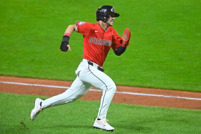 Sep 23, 2025; Cleveland, Ohio, USA; Cleveland Guardians left fielder Steven Kwan (38) scores in the seventh inning against the Detroit Tigers at Progressive Field. Mandatory Credit: David Richard-Imagn Images