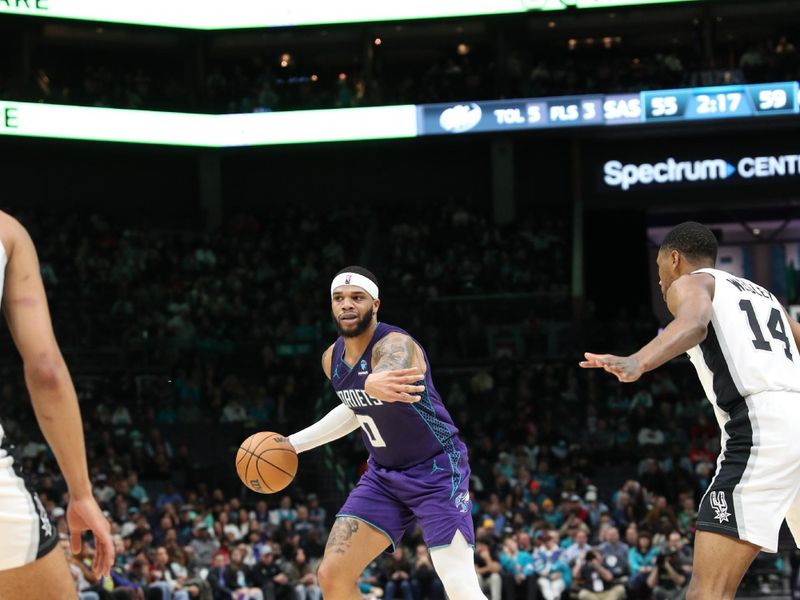 CHARLOTTE, NC - JANUARY 19: Miles Bridges #0 of the Charlotte Hornets handles the ball during the game against the San Antonio Spurs on January 19, 2024 at Spectrum Center in Charlotte, North Carolina. NOTE TO USER: User expressly acknowledges and agrees that, by downloading and or using this photograph, User is consenting to the terms and conditions of the Getty Images License Agreement.  Mandatory Copyright Notice:  Copyright 2024 NBAE (Photo by Brock Williams-Smith/NBAE via Getty Images)