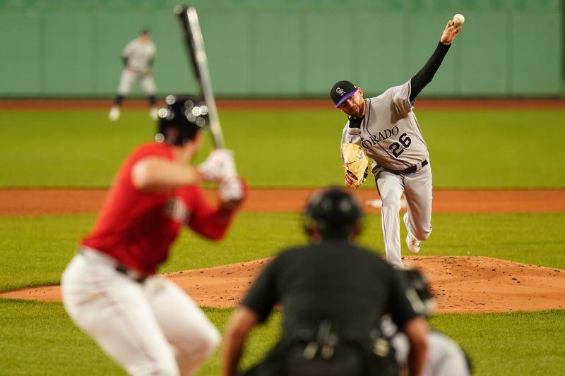 Jun 14, 2023; Boston, Massachusetts, USA; Colorado Rockies starting pitcher Austin Gomber (26) throws a pitch against the Boston Red Sox in the first inning at Fenway Park. Mandatory Credit: David Butler II-USA TODAY Sports