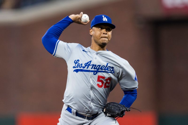 May 15, 2024; San Francisco, California, USA; Los Angeles Dodgers starting pitcher Elieser Hernandez (52) throws against the San Francisco Giants during the fifth inning at Oracle Park. Mandatory Credit: John Hefti-USA TODAY Sports