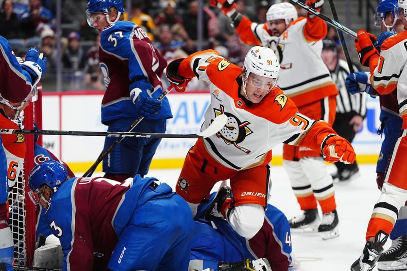 Oct 18, 2024; Denver, Colorado, USA; Anaheim Ducks center Leo Carlsson (91) celebrates his goal in the first period against the Colorado Avalanche at Ball Arena. Mandatory Credit: Ron Chenoy-Imagn Images