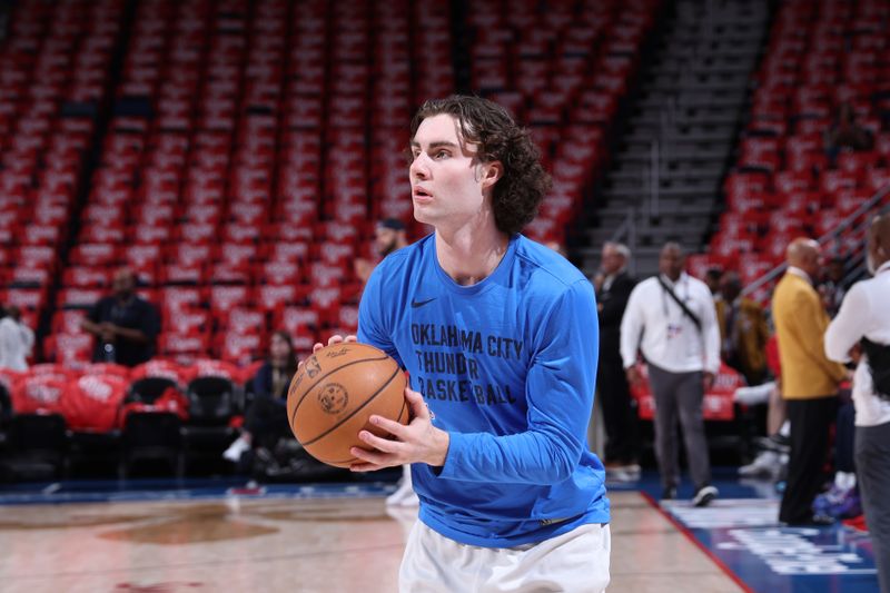 NEW ORLEANS, LA - APRIL 27:  Josh Giddey #3 of the Oklahoma City Thunder warms up before the game against the New Orleans Pelicans during Round 1 Game 3 of the 2024 NBA Playoffs on April 27, 2024 at the Smoothie King Center in New Orleans, Louisiana. NOTE TO USER: User expressly acknowledges and agrees that, by downloading and or using this Photograph, user is consenting to the terms and conditions of the Getty Images License Agreement. Mandatory Copyright Notice: Copyright 2024 NBAE (Photo by Jeff Haynes/NBAE via Getty Images)