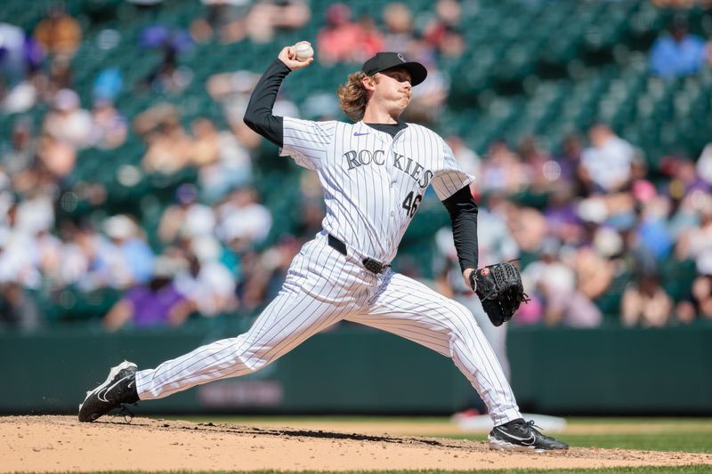 Jun 5, 2024; Denver, Colorado, USA; Colorado Rockies pitcher Nick Mears (46) delivers a pitch during the seventh inning against the Cincinnati Reds at Coors Field. Mandatory Credit: Andrew Wevers-USA TODAY Sports