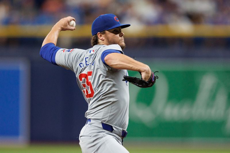 Jun 13, 2024; St. Petersburg, Florida, USA;  Chicago Cubs pitcher Justin Steele (35) throws a pitch against the Tampa Bay Rays in the second inning at Tropicana Field. Mandatory Credit: Nathan Ray Seebeck-USA TODAY Sports