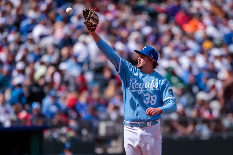 Apr 16, 2023; Kansas City, Missouri, USA; Kansas City Royals pitcher Josh Taylor (38) on the mound during the seventh inning against the Atlanta Braves at Kauffman Stadium. Mandatory Credit: William Purnell-USA TODAY Sports