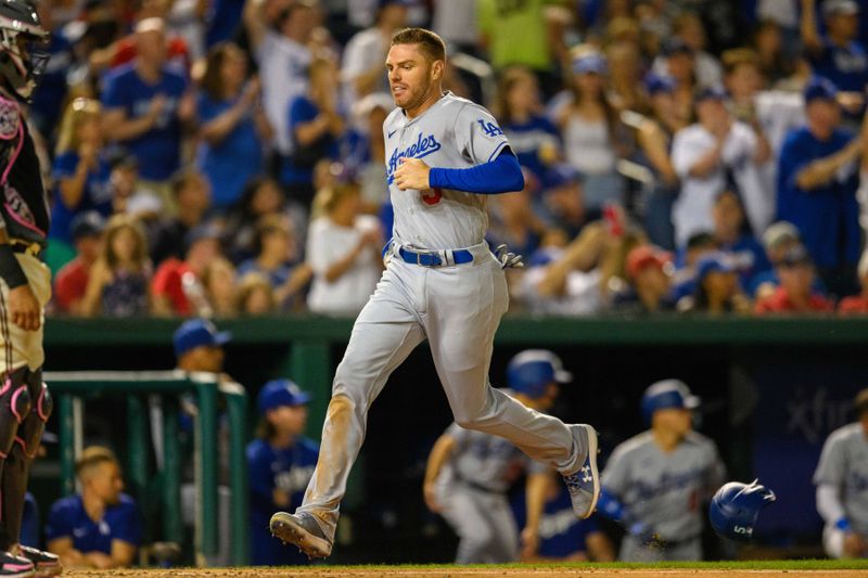 Sep 8, 2023; Washington, District of Columbia, USA; Los Angeles Dodgers first baseman Freddie Freeman (5) scores a run during the sixth inning against the Washington Nationals at Nationals Park. Mandatory Credit: Reggie Hildred-USA TODAY Sports