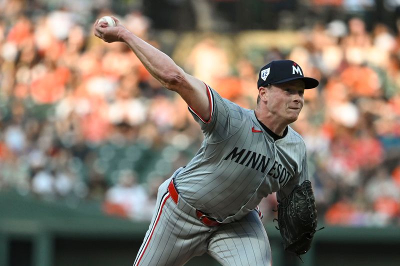 Apr 15, 2024; Baltimore, Maryland, USA;  Minnesota Twins starting pitcher Louie Varland throws a first inning pitch against the Baltimore Orioles at Oriole Park at Camden Yards. Mandatory Credit: Tommy Gilligan-USA TODAY Sports