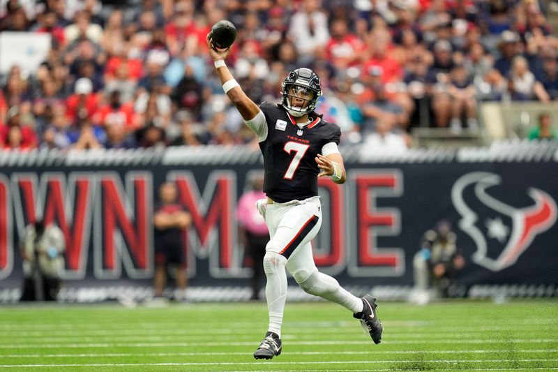 Houston Texans quarterback C.J. Stroud (7) throws a pass during the first half of an NFL football game against the Jacksonville Jaguars, Sunday, Sept. 29, 2024, in Houston. (AP Photo/Eric Gay)