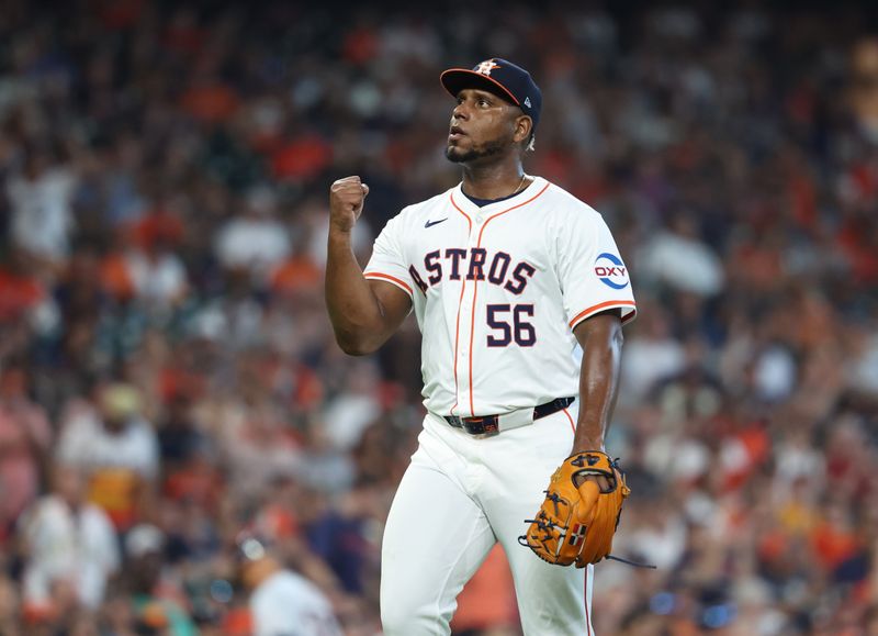 Oct 1, 2024; Houston, Texas, USA; Houston Astros pitcher Ronel Blanco (56) reacts after getting out of the 6th inning against the Detroit Tigers in game one of the Wild Card round for the 2024 MLB Playoffs at Minute Maid Park. Mandatory Credit: Troy Taormina-Imagn Images