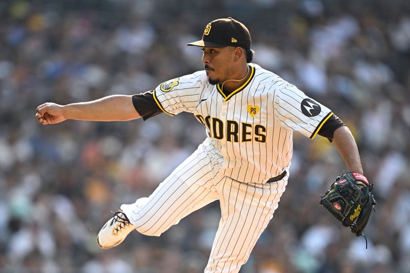 Jul 10, 2024; San Diego, California, USA; San Diego Padres relief pitcher Jeremiah Estrada (56) pitches against the Seattle Mariners during the eighth inning at Petco Park. Mandatory Credit: Orlando Ramirez-USA TODAY Sports