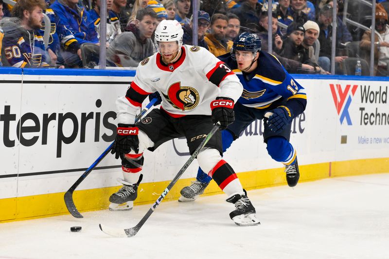 Jan 3, 2025; St. Louis, Missouri, USA;  Ottawa Senators defenseman Nick Jensen (3) and St. Louis Blues right wing Alexey Toropchenko (13) battle for the puck during the second period at Enterprise Center. Mandatory Credit: Jeff Curry-Imagn Images