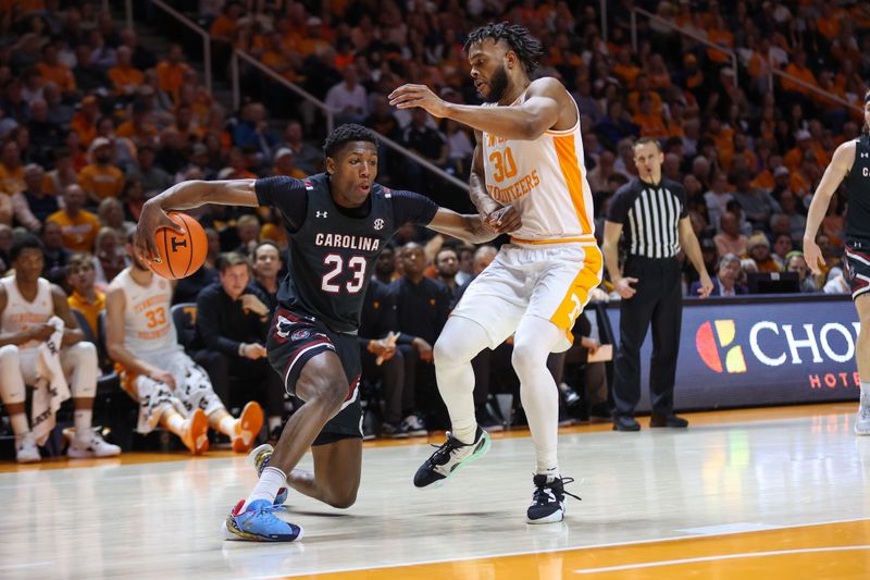 Feb 25, 2023; Knoxville, Tennessee, USA; South Carolina Gamecocks forward Gregory Jackson II (23) dribbles against Tennessee Volunteers guard Josiah-Jordan James (30) during the first half at Thompson-Boling Arena. Mandatory Credit: Randy Sartin-USA TODAY Sports