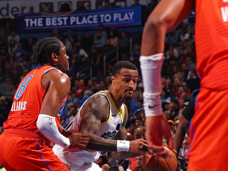 OKLAHOMA CITY, OK - DECEMBER 3: John Collins #20 of the Utah Jazz dribbles the ball during the game against the Oklahoma City Thunder during the Emirates NBA Cup game on on December 3, 2024 at Paycom Center in Oklahoma City, Oklahoma. NOTE TO USER: User expressly acknowledges and agrees that, by downloading and or using this photograph, User is consenting to the terms and conditions of the Getty Images License Agreement. Mandatory Copyright Notice: Copyright 2024 NBAE (Photo by Zach Beeker/NBAE via Getty Images)