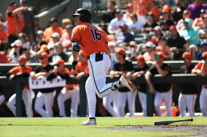 Feb 28, 2026; Sarasota, Florida, USA; Baltimore Orioles infielder Coby Mayo (16) hits a sacrifice RBI during the second inning against the Atlanta Braves  at Ed Smith Stadium. Mandatory Credit: Kim Klement Neitzel-Imagn Images