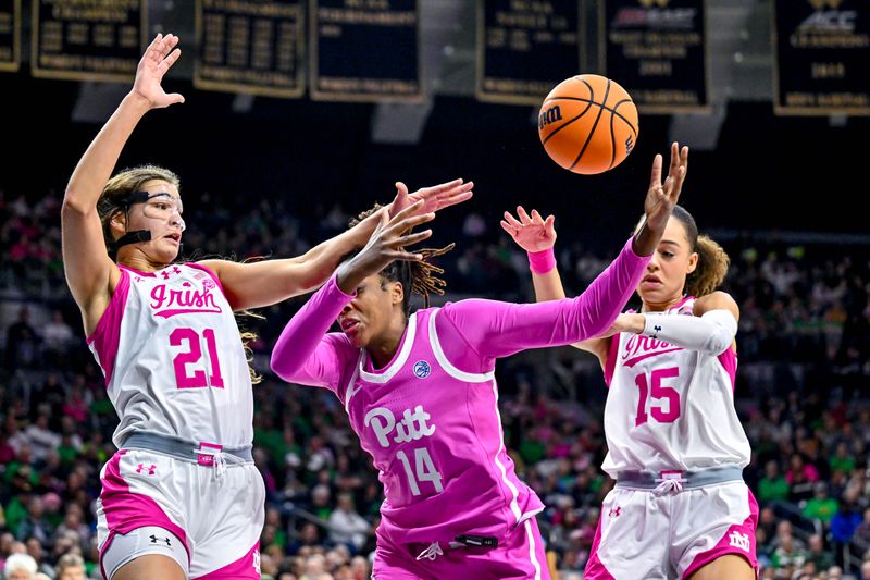 Feb 4, 2024; South Bend, Indiana, USA; Notre Dame Fighting Irish forward Maddy Westbeld (21) Pittsburgh Panthers forward Jala Jordan (14) and Notre Dame Fighting Irish forward Nat Marshall (15) reach for the ball in the first half at the Purcell Pavilion. Mandatory Credit: Matt Cashore-USA TODAY Sports