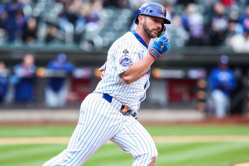 Apr 13, 2024; New York City, New York, USA;  New York Mets first baseman Pete Alonso (20) hits a solo home run in the third inning against the Kansas City Royals at Citi Field. Mandatory Credit: Wendell Cruz-USA TODAY Sports