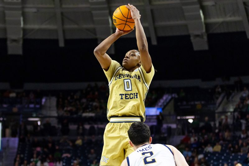 Feb 14, 2026; South Bend, Indiana, USA; Georgia Tech Yellow Jackets guard Akai Fleming (0) shoots against the Notre Dame Fighting Irish during the second half at Purcell Pavilion at the Joyce Center. Mandatory Credit: Michael Caterina-Imagn Images