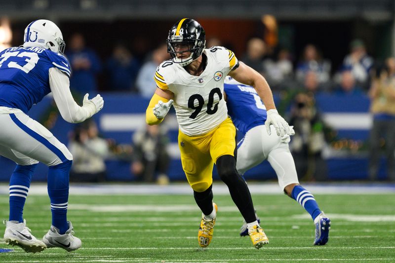 FILE - Pittsburgh Steelers linebacker T.J. Watt (90) rushes around the edge against Indianapolis Colts tackle Blake Freeland (73) during an NFL football game, Saturday, Dec. 16, 2023, in Indianapolis. (AP Photo/Zach Bolinger, File)