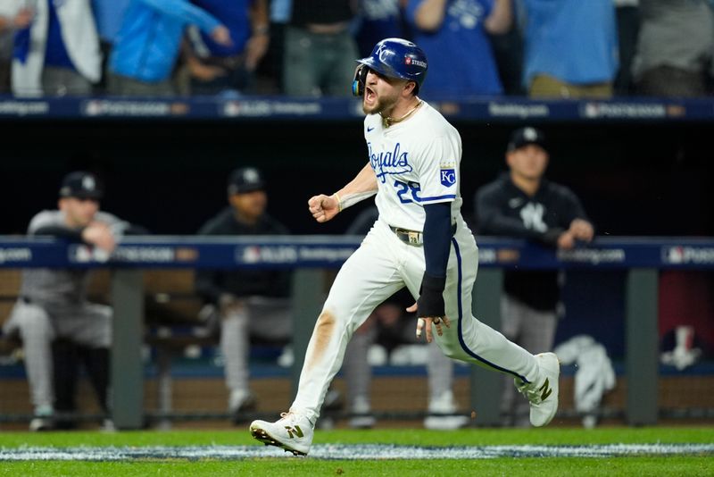 Oct 9, 2024; Kansas City, Missouri, USA; Kansas City Royals outfielder Kyle Isbel (28) scores run in the fifth inning against the New York Yankees during game three of the NLDS for the 2024 MLB Playoffs at Kauffman Stadium. Mandatory Credit: Jay Biggerstaff -Imagn Images