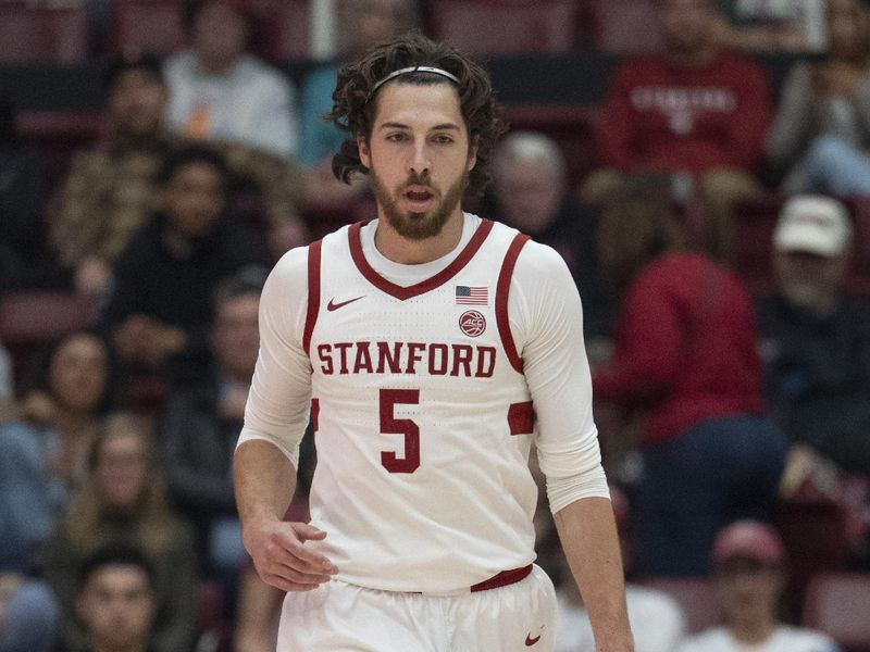 Feb 26, 2025; Stanford, California, USA;  Stanford Cardinal guard Benny Gealer (5) during the first half against the Boston College Eagles at Maples Pavilion. Mandatory Credit: Stan Szeto-Imagn Images