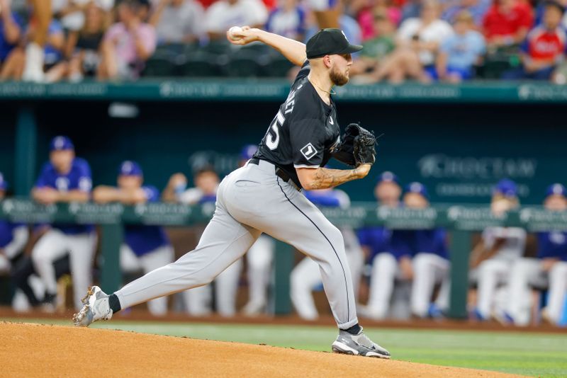 Jul 23, 2024; Arlington, Texas, USA; Chicago White Sox pitcher Garrett Crochet (45) throws during the second inning against the Texas Rangers at Globe Life Field. Mandatory Credit: Andrew Dieb-USA TODAY Sports