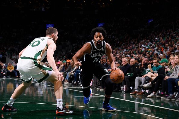 BOSTON, MA - NOVEMBER 10: Spencer Dinwiddie #26 of the Brooklyn Nets drives to the basket during the game against the Boston Celtics during the In-Season Tournament on November 10, 2023 at the TD Garden in Boston, Massachusetts. NOTE TO USER: User expressly acknowledges and agrees that, by downloading and or using this photograph, User is consenting to the terms and conditions of the Getty Images License Agreement. Mandatory Copyright Notice: Copyright 2023 NBAE  (Photo by Brian Babineau/NBAE via Getty Images)