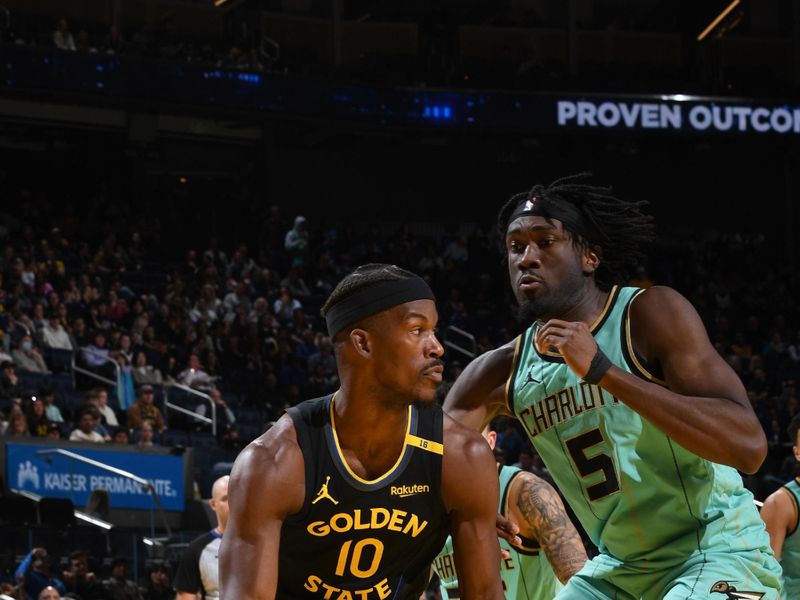 SAN FRANCISCO, CA - FEBRUARY 25: Jimmy Butler #10 of the Golden State Warriors dribbles the ball during the game aCharlotte Hornets  on February 25, 2025 at Chase Center in San Francisco, California. NOTE TO USER: User expressly acknowledges and agrees that, by downloading and or using this photograph, user is consenting to the terms and conditions of Getty Images License Agreement. Mandatory Copyright Notice: Copyright 2025 NBAE (Photo by Noah Graham/NBAE via Getty Images)