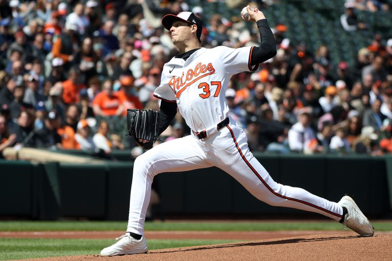 Apr 13, 2025; Baltimore, Maryland, USA; Baltimore Orioles pitcher Cade Povich (37) throws the ball during the first inning against the Toronto Blue Jays at Oriole Park at Camden Yards. Mandatory Credit: Daniel Kucin Jr.-Imagn Images