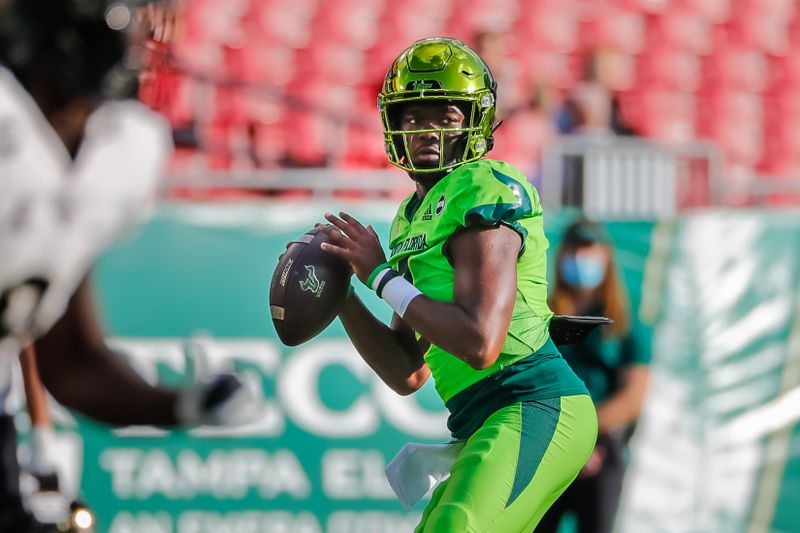 Nov 27, 2020; Tampa, Florida, USA; South Florida Bulls quarterback Jordan McCloud (3) passes the ball during the first quarter against the UCF Knights at Raymond James Stadium. Mandatory Credit: Mike Watters-USA TODAY Sports