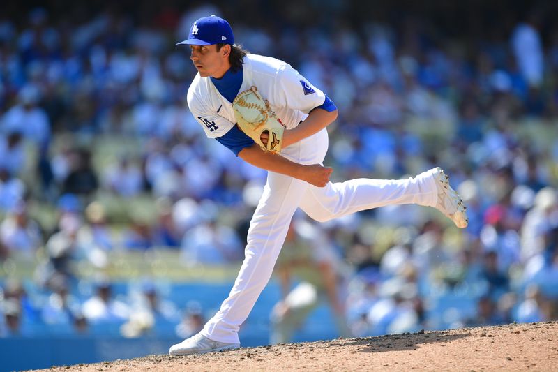 Jul 25, 2024; Los Angeles, California, USA; Los Angeles Dodgers pitcher Brent Honeywell (40) throws against the San Francisco Giants during the ninth inning at Dodger Stadium. Mandatory Credit: Gary A. Vasquez-USA TODAY Sports