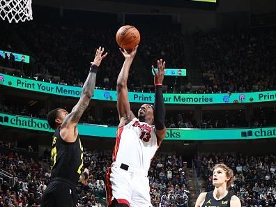 SALT LAKE CITY, UT - DECEMBER 30: Bam Adebayo #13 of the Miami Heat shoots the ball during the game against the Utah Jazz on December 30, 2023 at Delta Center in Salt Lake City, Utah. NOTE TO USER: User expressly acknowledges and agrees that, by downloading and or using this Photograph, User is consenting to the terms and conditions of the Getty Images License Agreement. Mandatory Copyright Notice: Copyright 2023 NBAE (Photo by Melissa Majchrzak/NBAE via Getty Images)