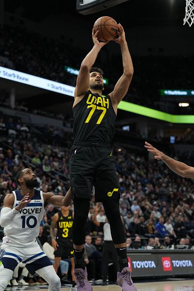 MINNEAPOLIS, MN -  NOVEMBER 30 : Omer Yurtseven #77 of the Utah Jazz shoots the ball during the game against the Minnesota Timberwolves on November 30, 2023 at Target Center in Minneapolis, Minnesota. NOTE TO USER: User expressly acknowledges and agrees that, by downloading and or using this Photograph, user is consenting to the terms and conditions of the Getty Images License Agreement. Mandatory Copyright Notice: Copyright 2023 NBAE (Photo by Jordan Johnson/NBAE via Getty Images)