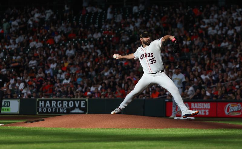 May 18, 2024; Houston, Texas, USA;Houston Astros starting pitcher Justin Verlander (35) pitches against the Milwaukee Brewers in the first inning at Minute Maid Park. Mandatory Credit: Thomas Shea-USA TODAY Sports