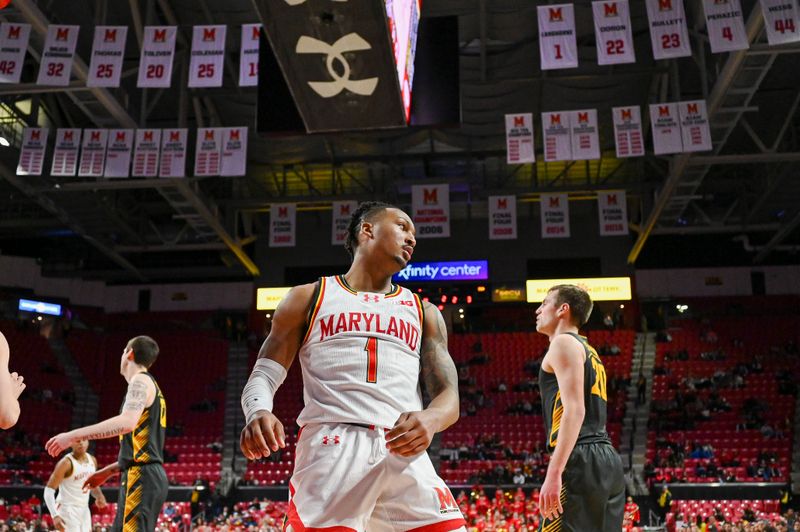 Feb 14, 2024; College Park, Maryland, USA;  Maryland Terrapins guard Jahmir Young (1) reacts after a whistle during the second half against the Iowa Hawkeyes at Xfinity Center. Mandatory Credit: Tommy Gilligan-USA TODAY Sports