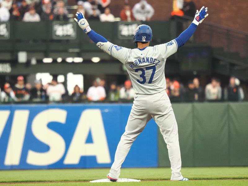 May 14, 2024; San Francisco, California, USA; Los Angeles Dodgers left fielder Teoscar Hernandez (37) gestures after hitting an RBI double against the San Francisco Giants during the fourth inning at Oracle Park. Mandatory Credit: Kelley L Cox-USA TODAY Sports