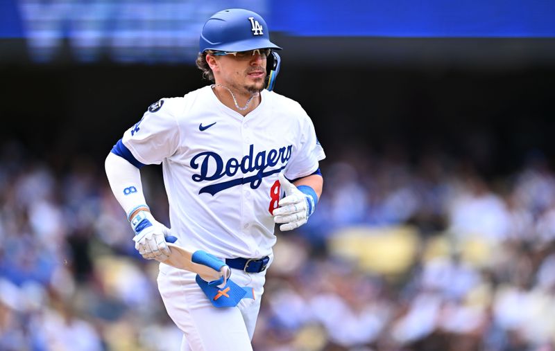 Apr 27, 2025; Los Angeles, California, USA; Los Angeles Dodgers first baseman Enrique Hernandez (8) walks during the second inning against the Pittsburgh Pirates at Dodger Stadium. Mandatory Credit: Jonathan Hui-Imagn Images