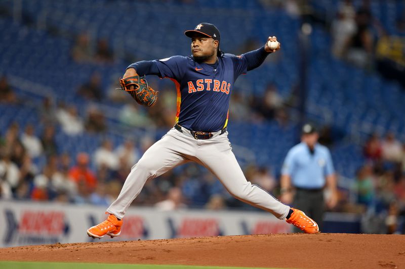 Aug 12, 2024; St. Petersburg, Florida, USA; Houston Astros pitcher Framber Valdez (59) throws a pitch against the Tampa Bay Rays in the first inning at Tropicana Field. Mandatory Credit: Nathan Ray Seebeck-USA TODAY Sports