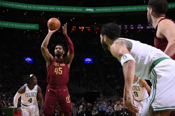 BOSTON, MA - DECEMBER 14: Donovan Mitchell #45 of the Cleveland Cavaliers shoots a free throw during the game against the Boston Celtics on December 14, 2023 at the TD Garden in Boston, Massachusetts. NOTE TO USER: User expressly acknowledges and agrees that, by downloading and or using this photograph, User is consenting to the terms and conditions of the Getty Images License Agreement. Mandatory Copyright Notice: Copyright 2023 NBAE  (Photo by Brian Babineau/NBAE via Getty Images)