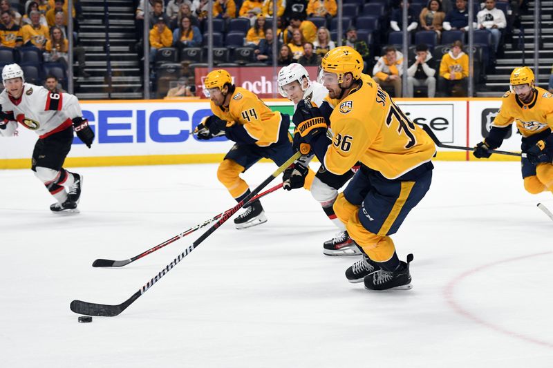 Feb 27, 2024; Nashville, Tennessee, USA; Nashville Predators left wing Cole Smith (36) skates with the puck during the second period against the Ottawa Senators at Bridgestone Arena. Mandatory Credit: Christopher Hanewinckel-USA TODAY Sports