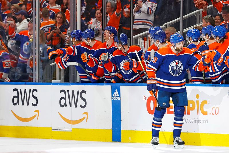 May 1, 2024; Edmonton, Alberta, CAN; The Edmonton Oilers celebrate a goal scored by forward Leon Draisaitl (29) during the second period against the Los Angeles Kings in game five of the first round of the 2024 Stanley Cup Playoffs at Rogers Place. Mandatory Credit: Perry Nelson-USA TODAY Sports