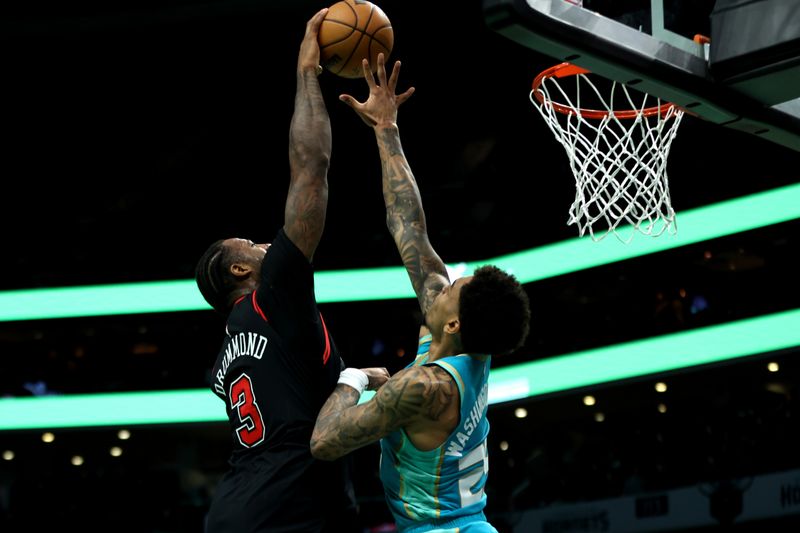 CHARLOTTE, NORTH CAROLINA - JANUARY 31: P.J. Washington #25 of the Charlotte Hornets defends a shot by .b3 during the first half of an NBA game at Spectrum Center on January 31, 2024 in Charlotte, North Carolina. NOTE TO USER: User expressly acknowledges and agrees that, by downloading and or using this photograph, User is consenting to the terms and conditions of the Getty Images License Agreement. (Photo by David Jensen/Getty Images)